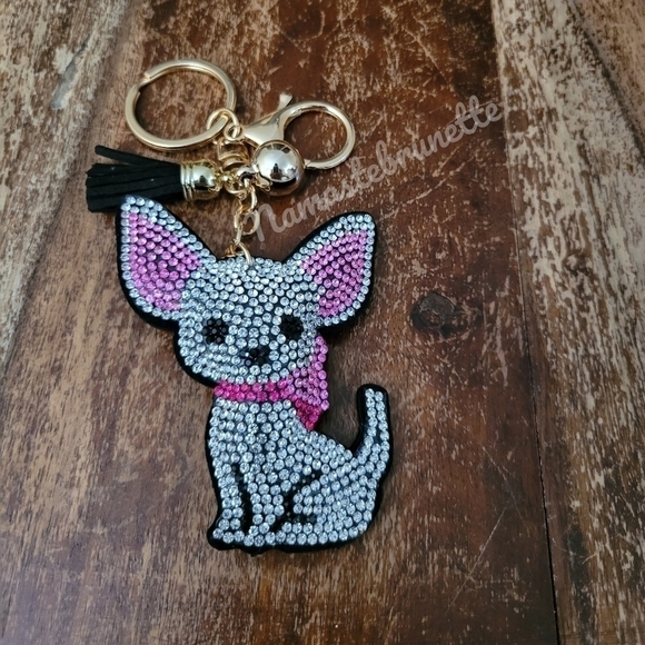 Chihuahua Dog Crystal Rhinestone Keychain Bag Charm With Black Tassel - Picture 8 of 17
